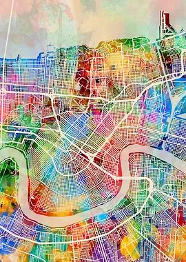 New Orelans Map Watercolor