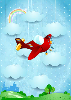 Skyline and vintage plane