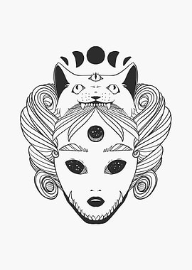 Witch And Cat With Moons