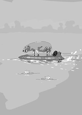 hippo on a hover boat