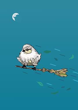 bird flying a broomstick