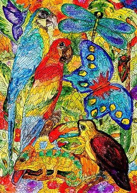 Two Parrots Sad Toucan