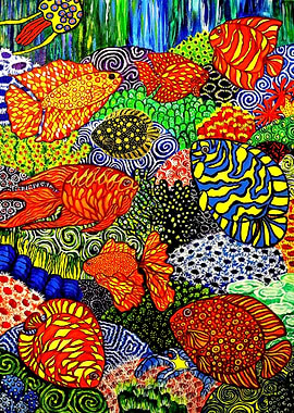 Coral Reef with Nine Fish