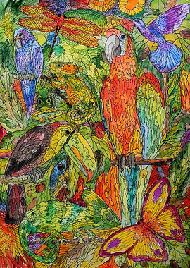 Jungle with a Blue Parrot