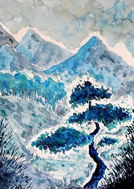 Blue Watercolor Landscape