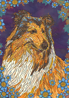 Rough Collie Blue Flowers