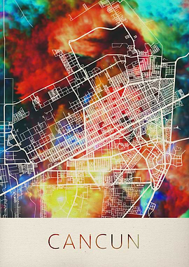 Cancun Watercolor City Map