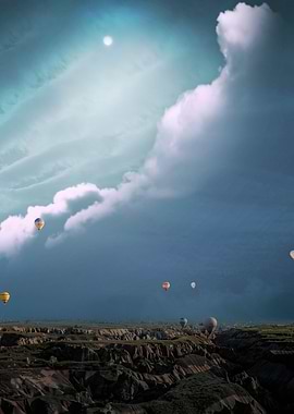 Hot air balloon and moon