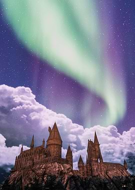 Green aurora over castle
