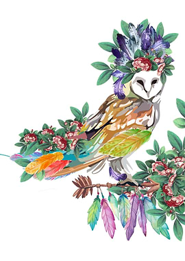 Owl watercolor flowers
