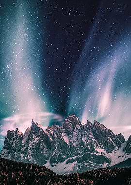 Purple aurora and mountain