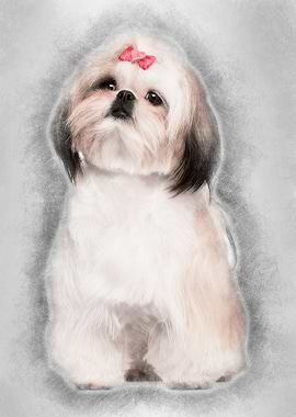 Shih Tzu sitting against w