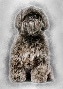 Shih Tzu sitting against w