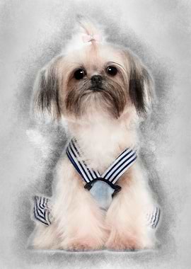 Shih Tzu sitting against w