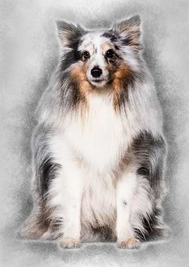 Sheltie sitting against wh