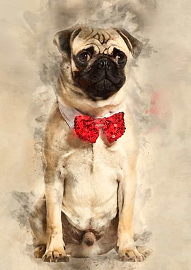 Pug in red bow tie sitting