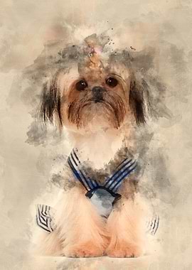 Shih Tzu sitting against w