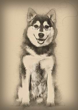 Pomsky dog sitting against