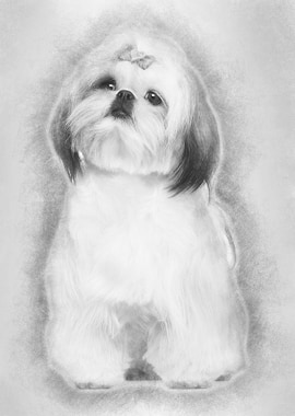 Shih Tzu sitting against w