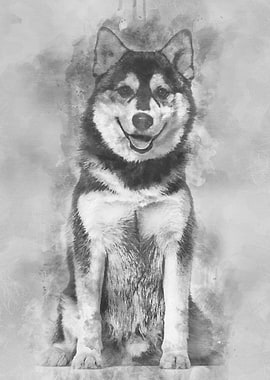 Pomsky dog sitting against