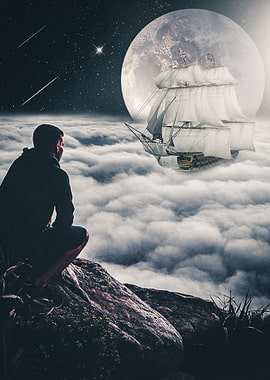 Boat sails on sea clouds