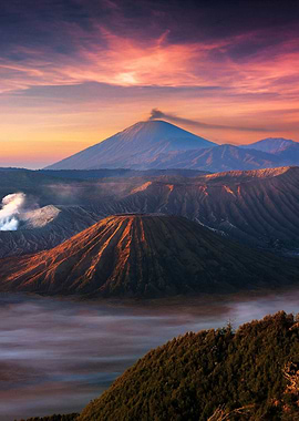 A foggy view of a volcano