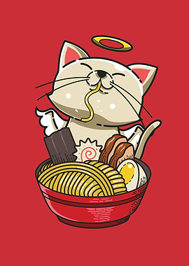 Cute Cat Eating Ramen