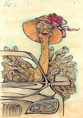 Ostrich behind the wheel