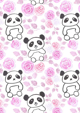 Pandas and pink roses