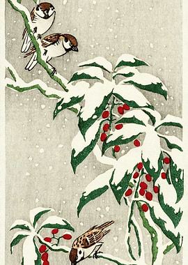 Sparrows On Snowy Berry Bu