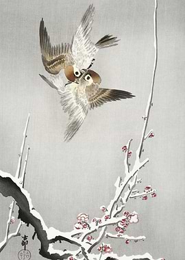 Sparrows And Snowy Plum Tr