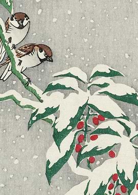 Sparrows On Snowy Berry Bu