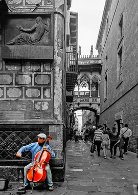 Cello player BW background