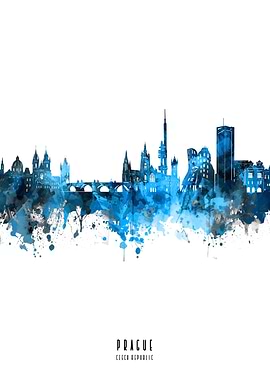 prague watercolor blue