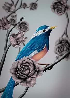 Blue bird in flowers
