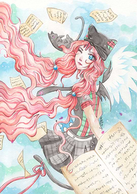 Cat girl with flying books