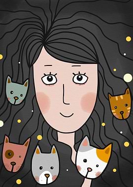 Woman and cats watercolor