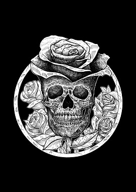 Skull Head Rose BW