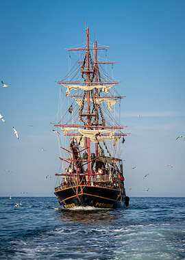 Wooden ship in the sea