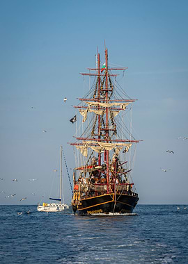 Wooden ship in the sea