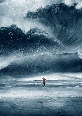 Huge Tidal Wave With Man