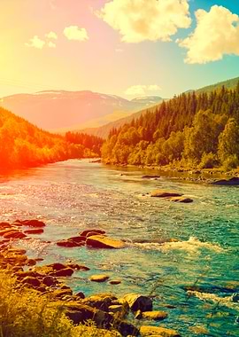 Mountain River At Sunset N