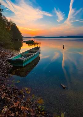 Sunset Lake With Fisherman