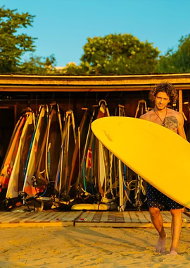 Happy Man Surfer With Surf