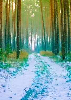 Road In Winter Pine Forest