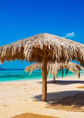 Straw Beach Umbrellas At A