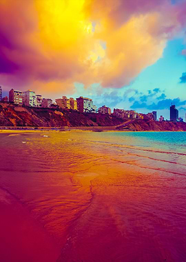 Netanya City At Sunset Sea