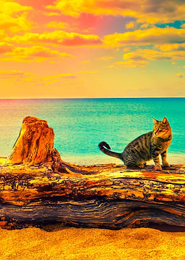 Cat On A Snag At The Beach
