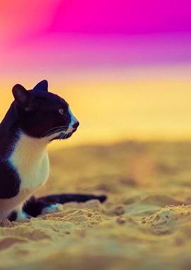 Cat Sitting On The Beach A