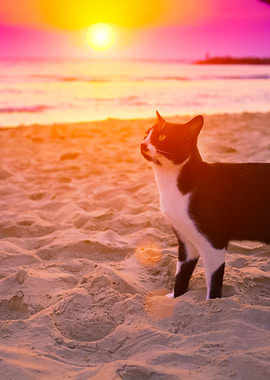 Cat Walking On The Beach A
